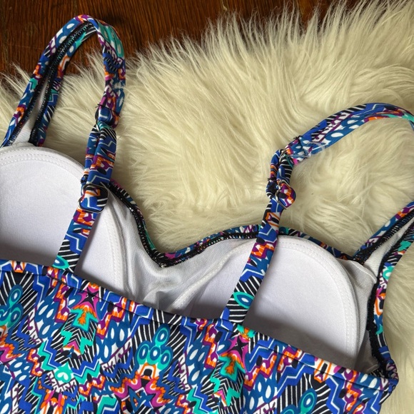 Swim Solutions One Piece Swimsuit Blue Orange Purple Print Size 8 NWT - Picture 6 of 7